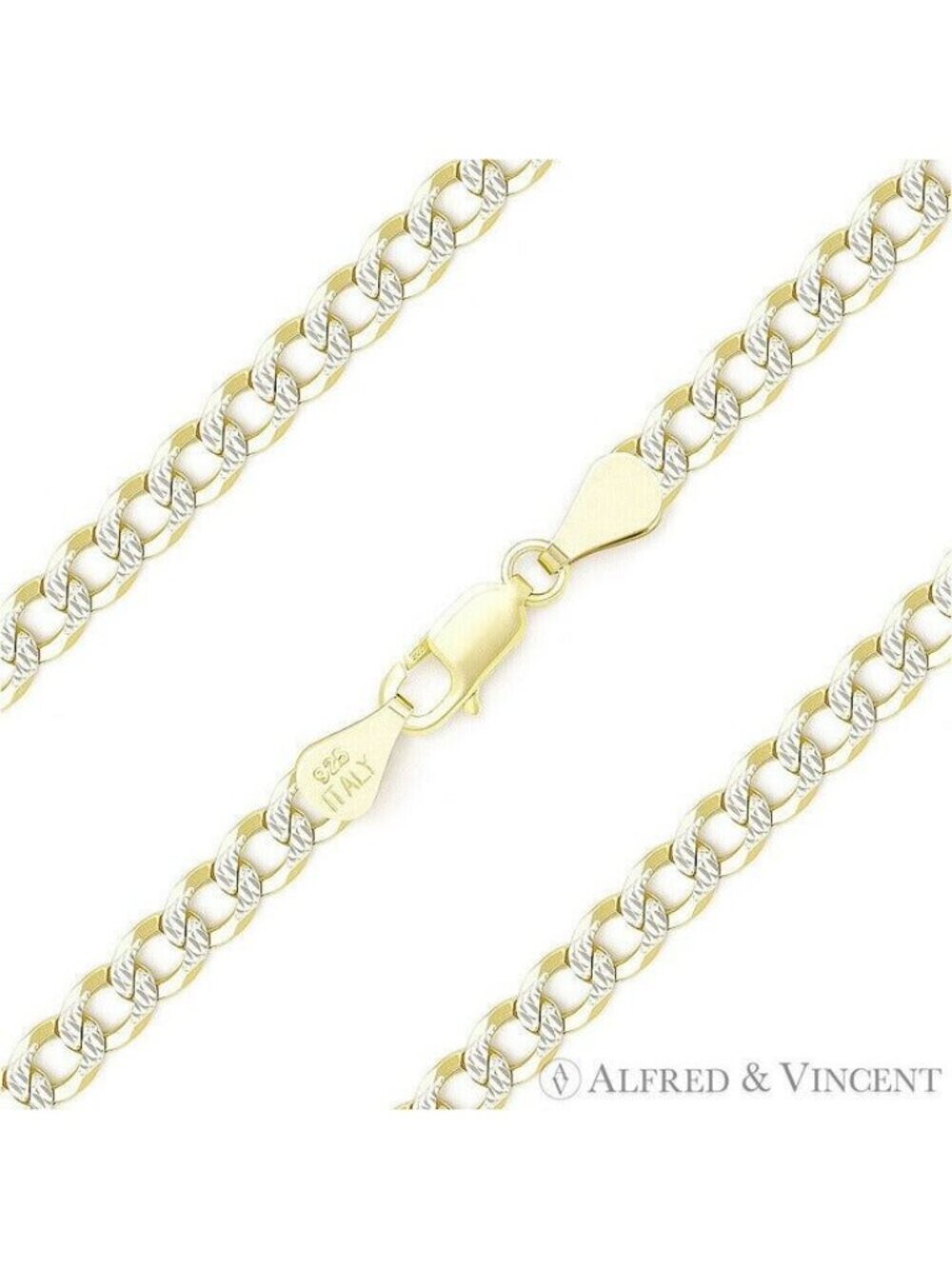 4.3mm Cuban Link D-Cut Chain Bracelet in .925 Sterling Silver w/ 14k Y-Gold - 7"
